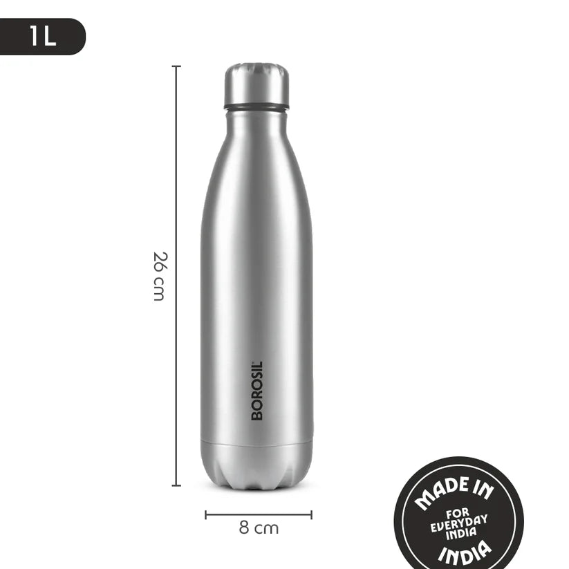 Borosil Bolt Single Wall Stainless Steel Bottle 1L
