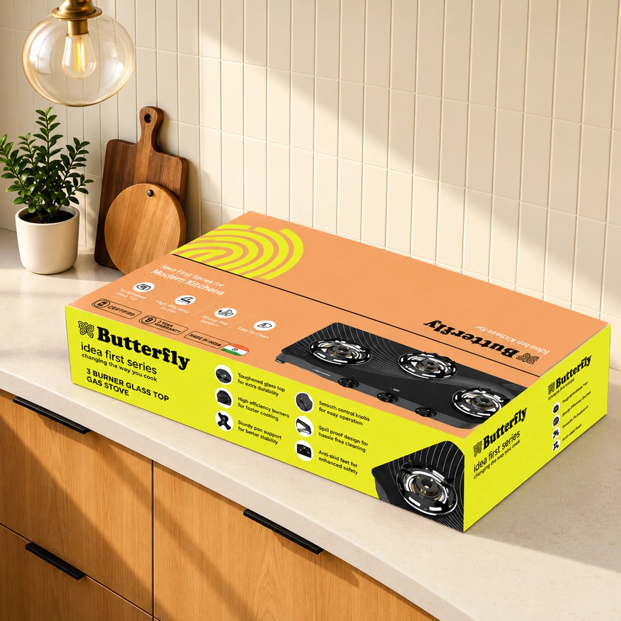Butterfly Renz 3 Burner 3 Star Glass Top Gas Stove – Black
