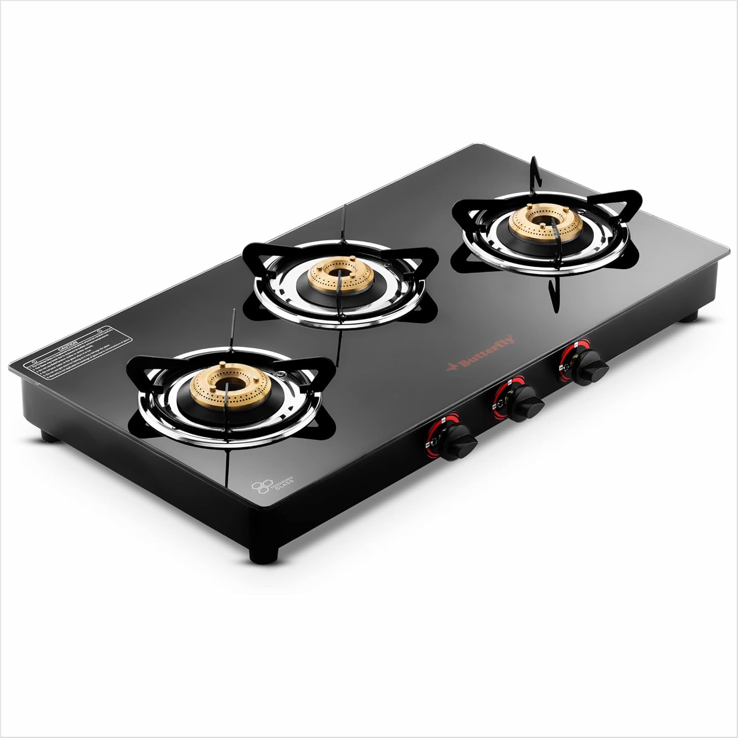 Butterfly Rapid 3 Burner Auto Ignition Glass Top Gas Stove Black