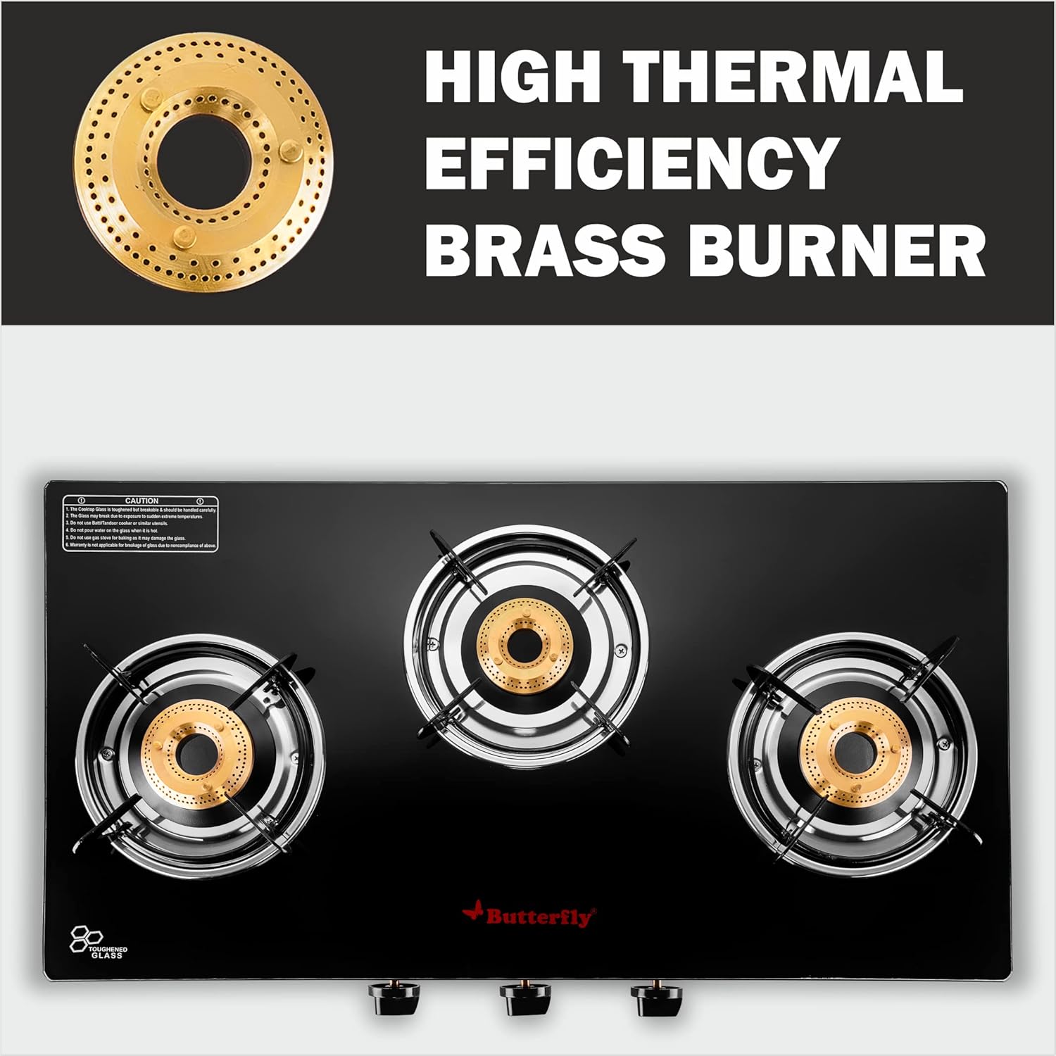Butterfly Rapid 3 Burner Auto Ignition Glass Top Gas Stove Black