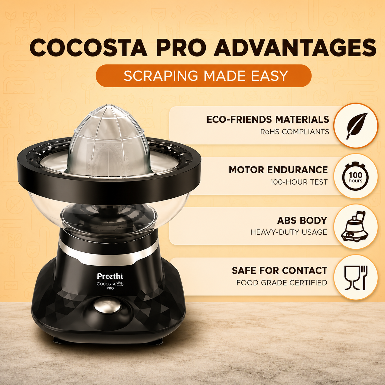 Preethi Cocosta Pro KP002 Coconut Scraper & Citrus Juicer – 100W