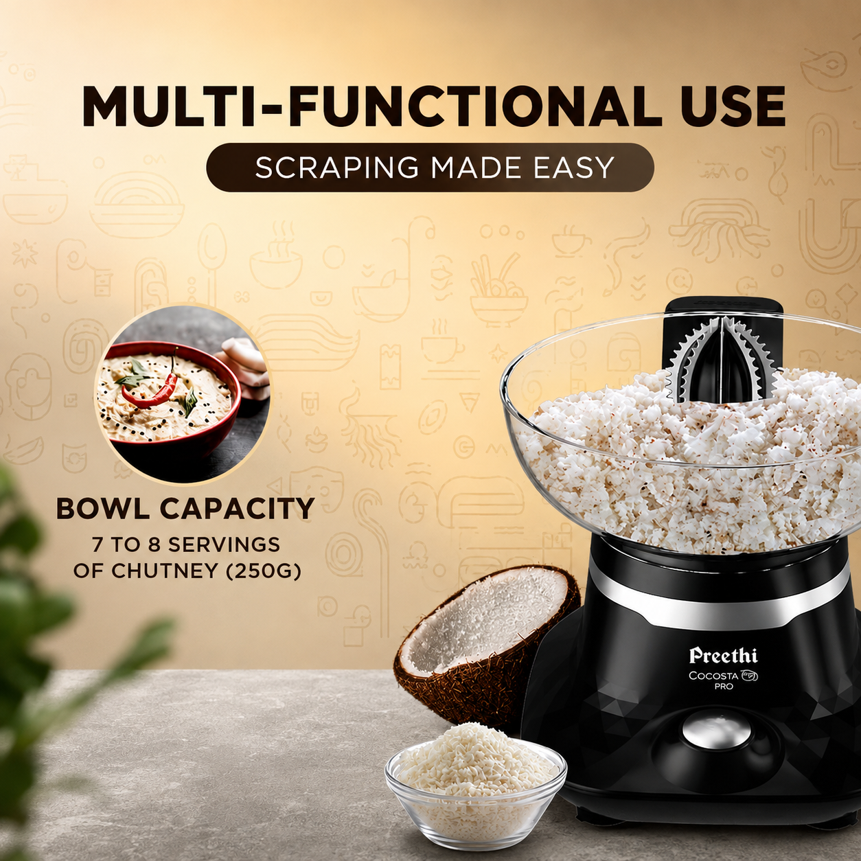 Preethi Cocosta Pro KP002 Coconut Scraper & Citrus Juicer – 100W