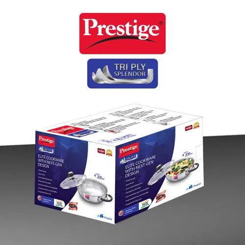 Prestige Tri Ply Splendor Stainless Steel Kadai with Glass Lid – 20 cm / 1.6 L