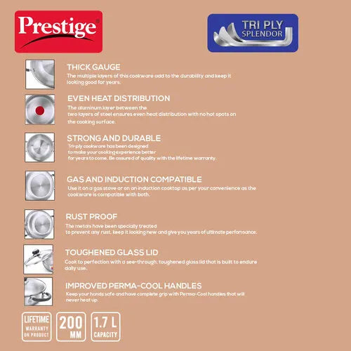 Prestige Tri Ply Splendor Stainless Steel Kadai with Glass Lid – 20 cm / 1.6 L