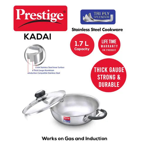 Prestige Tri Ply Splendor Stainless Steel Kadai with Glass Lid – 20 cm / 1.6 L