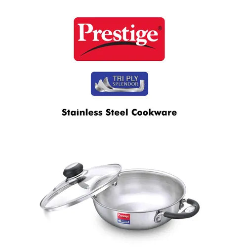Prestige Tri Ply Splendor Stainless Steel Kadai with Glass Lid – 20 cm / 1.6 L