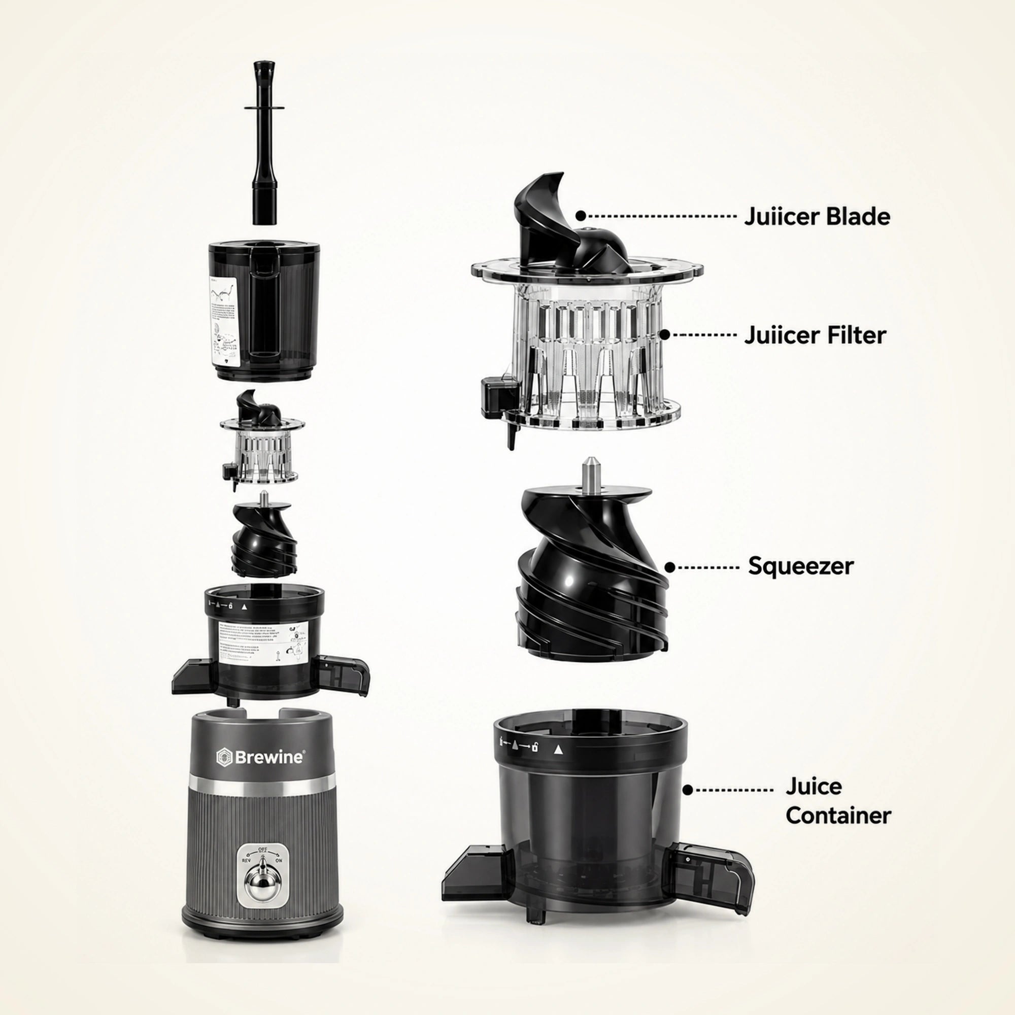 Brewine Cold Press Slow Juicer | 60 RPM & Reverse Function