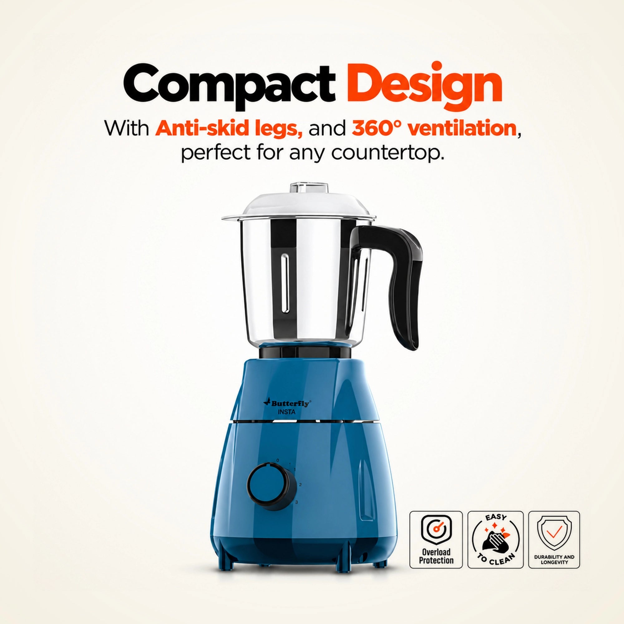 Butterfly Insta Mixer Grinder 500 Watts – 3 Stainless Steel Jars, Blue, 2 Years on Product Warranty.