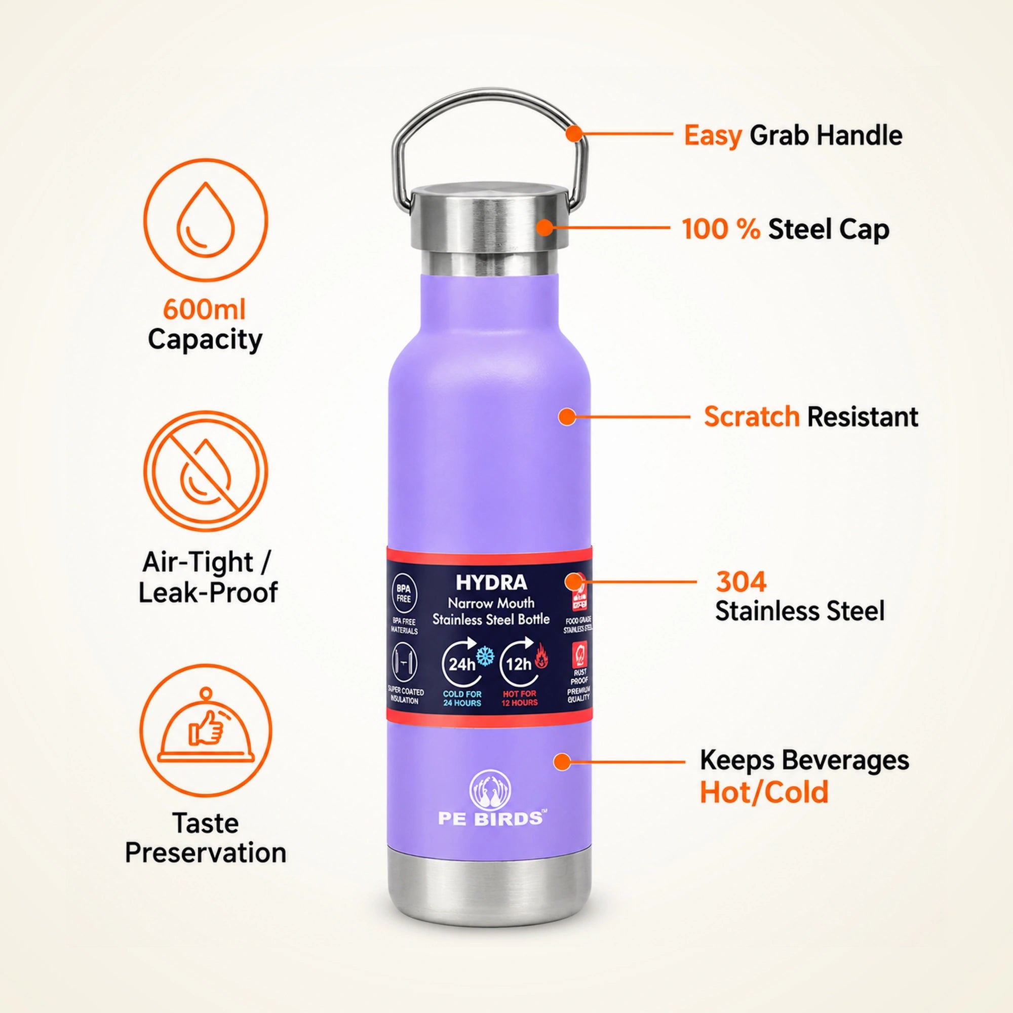 PE BIRDS Hydra 600ml Stainless Steel Flask | Steel Lid