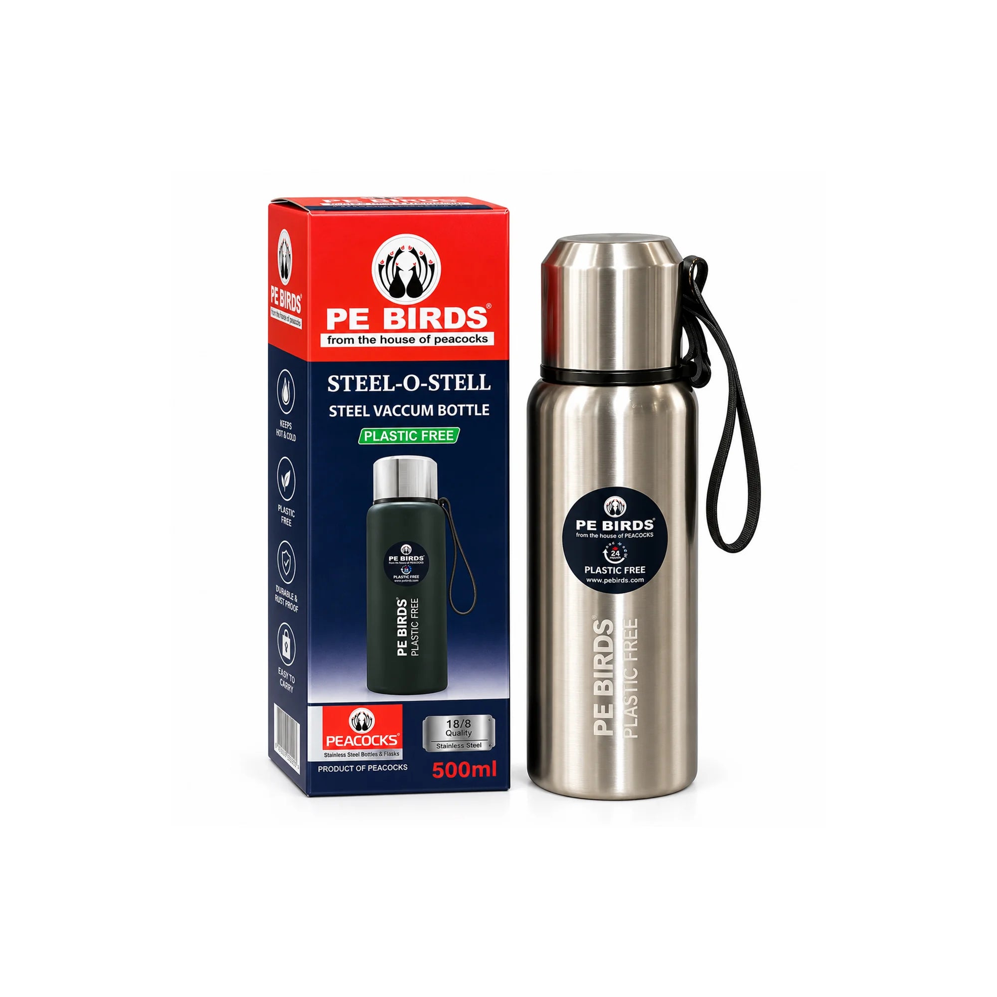 PE BIRDS Steel O Steel Vacuum Flask | Steel Lid & Double Wall