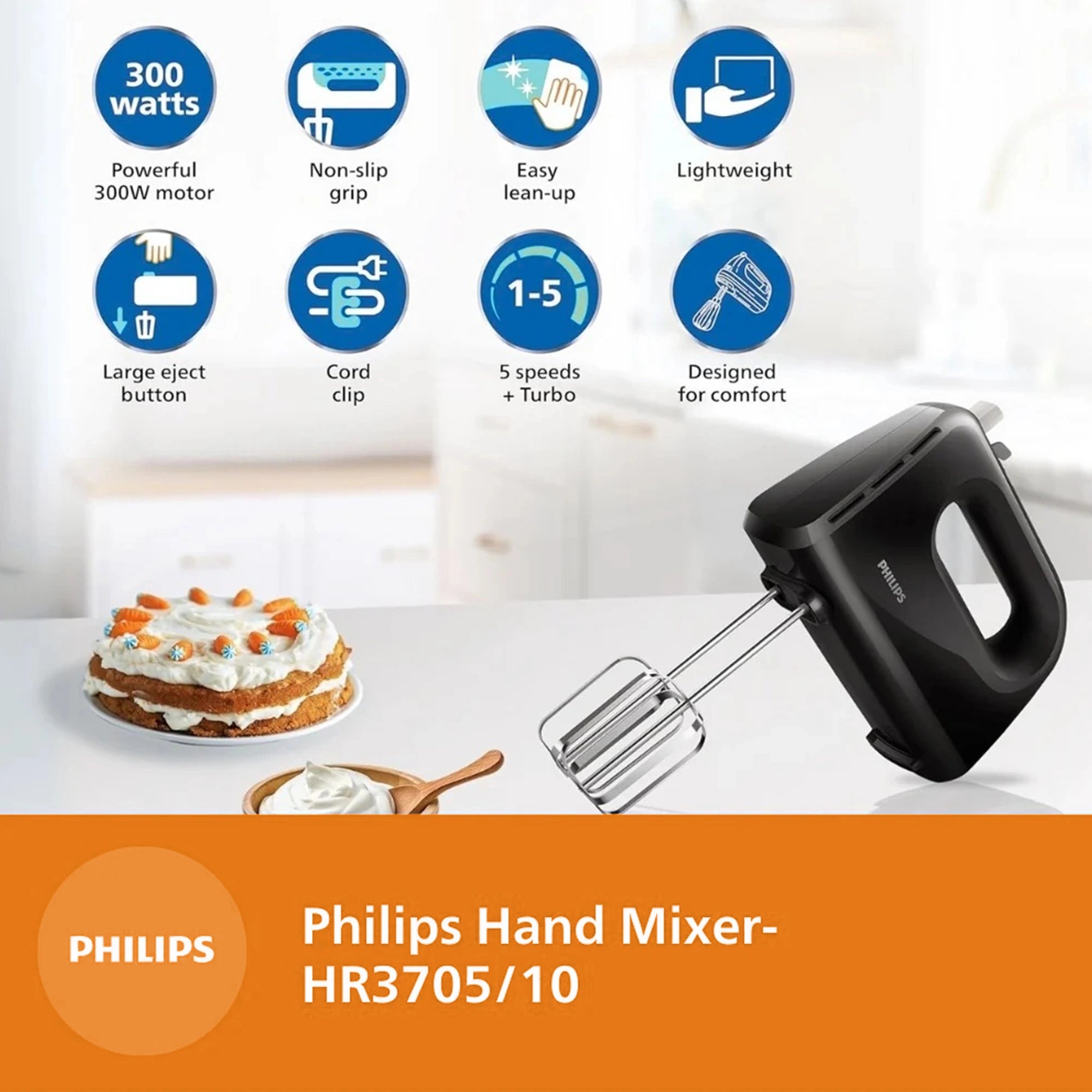 Philips HR3705/10 300W Hand Mixer | 5 Speeds + Turbo