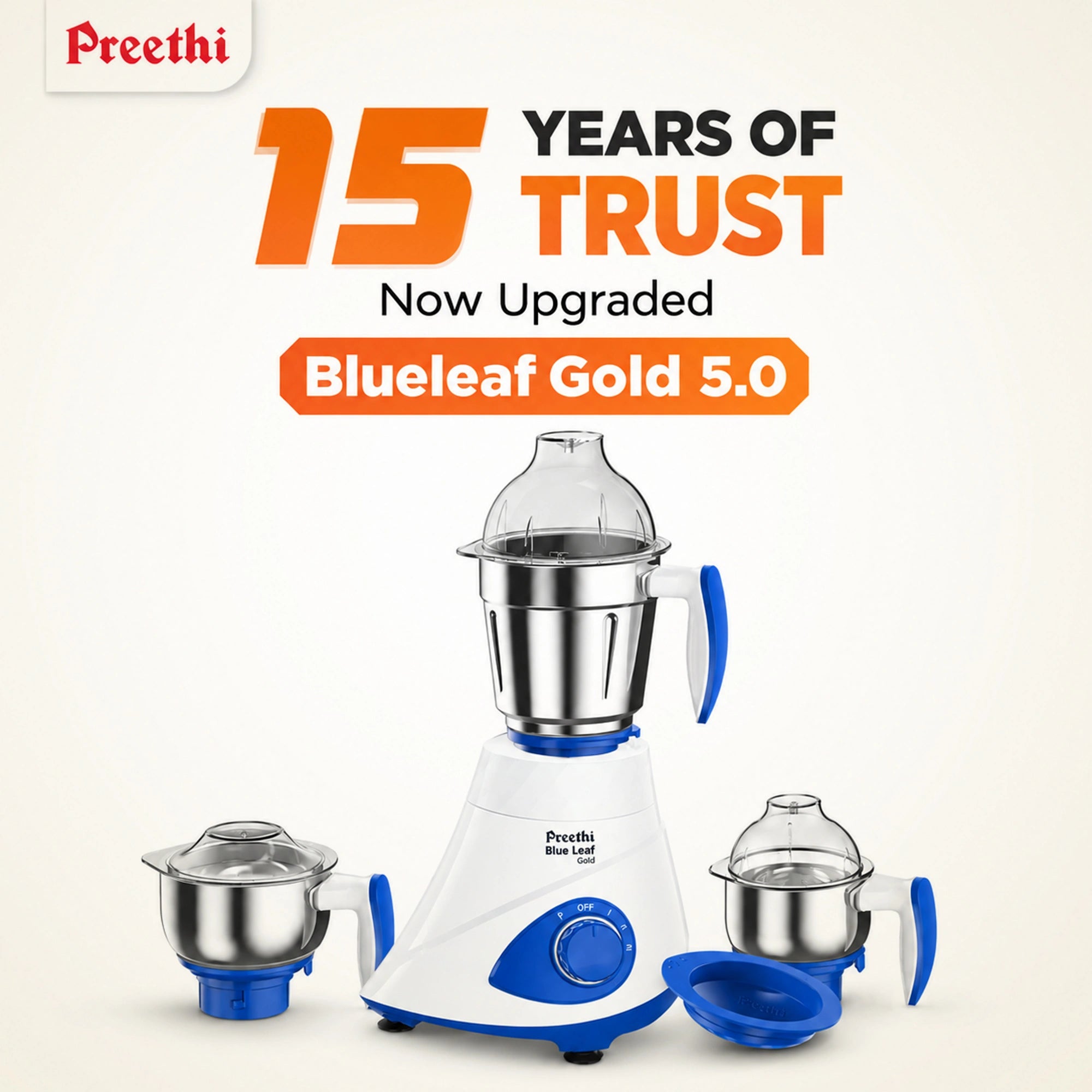Preethi Blue Leaf Gold 5.0 750W Mixer Grinder | 3 Jars