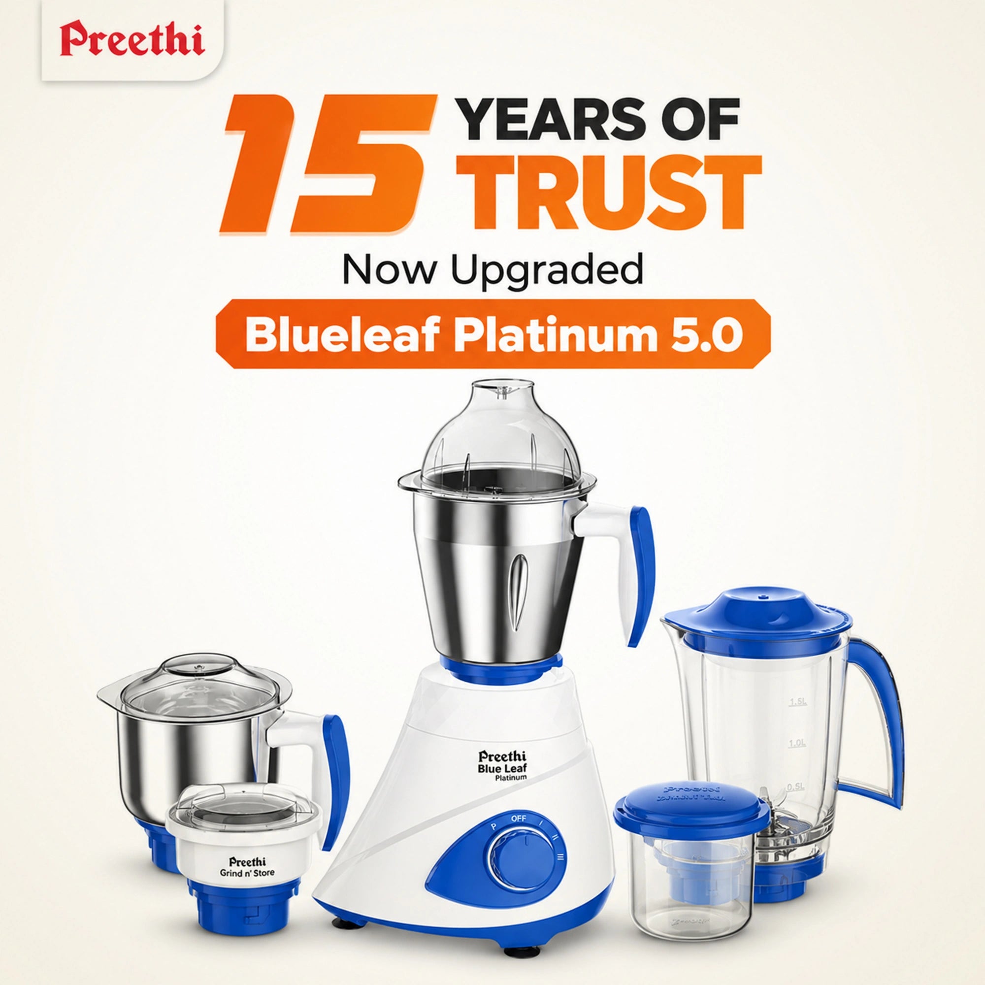 Preethi Blue Leaf Platinum 5.0 750W Mixer Grinder | 4 Jars