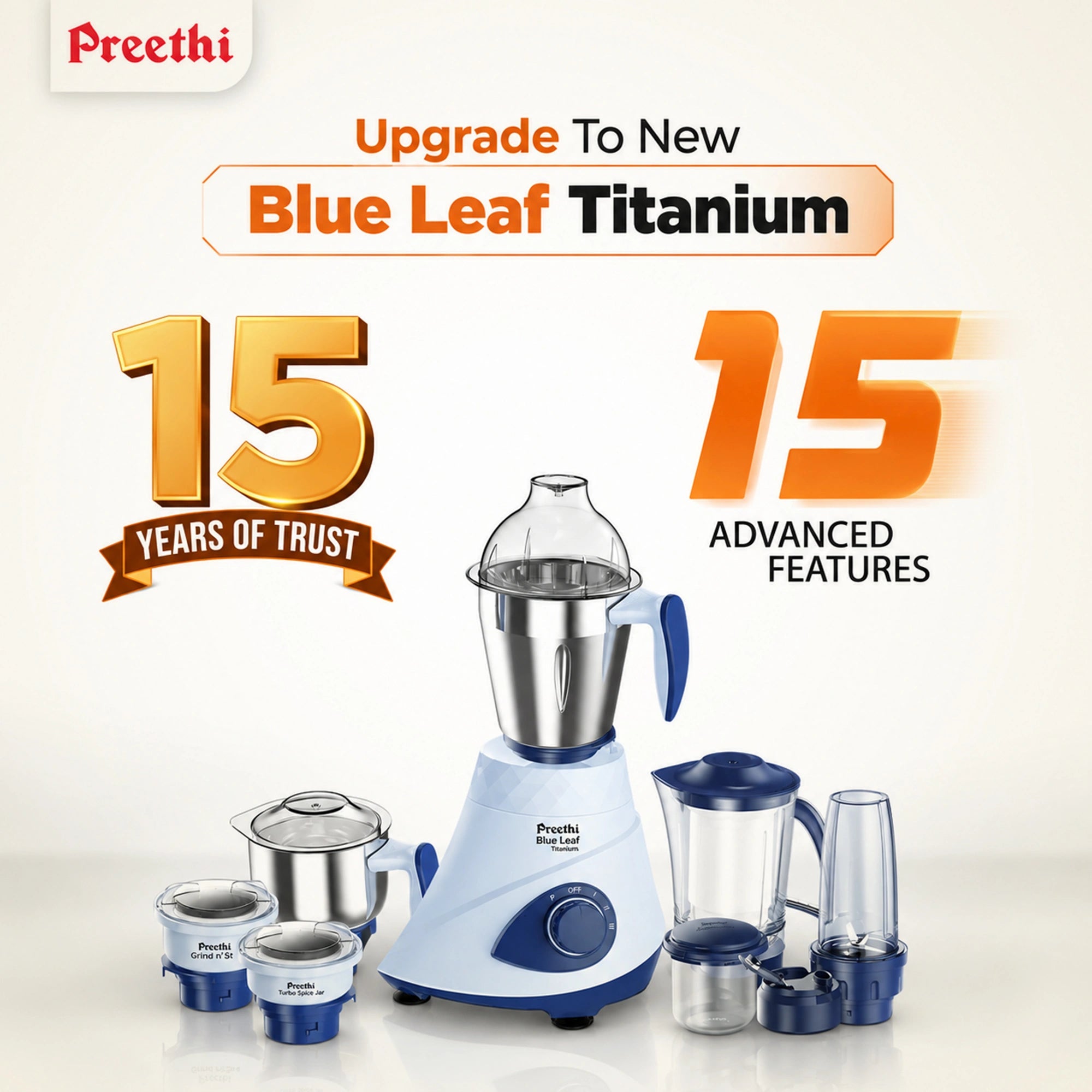 Preethi Blue Leaf Titanium 15.0 1000W Mixer Grinder | MG-281
