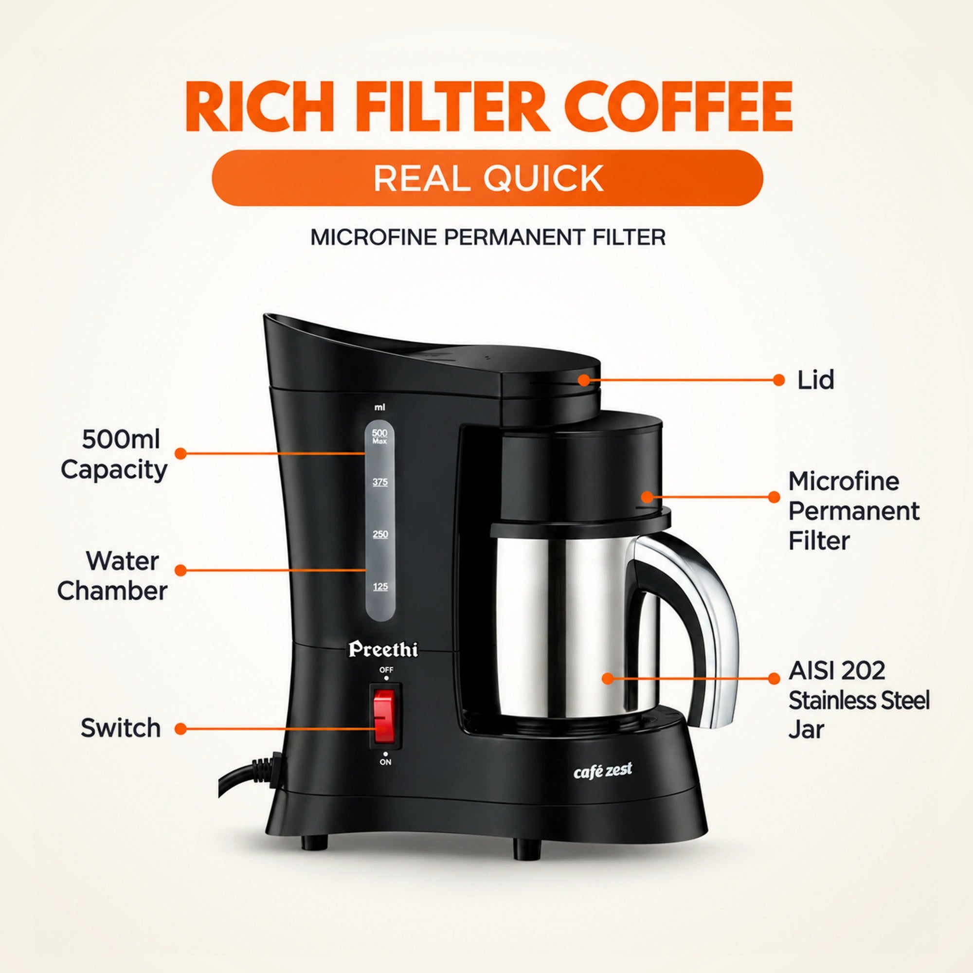 Preethi Cafe Zest CM 210 450W Coffee Maker | Eswaran Appliances