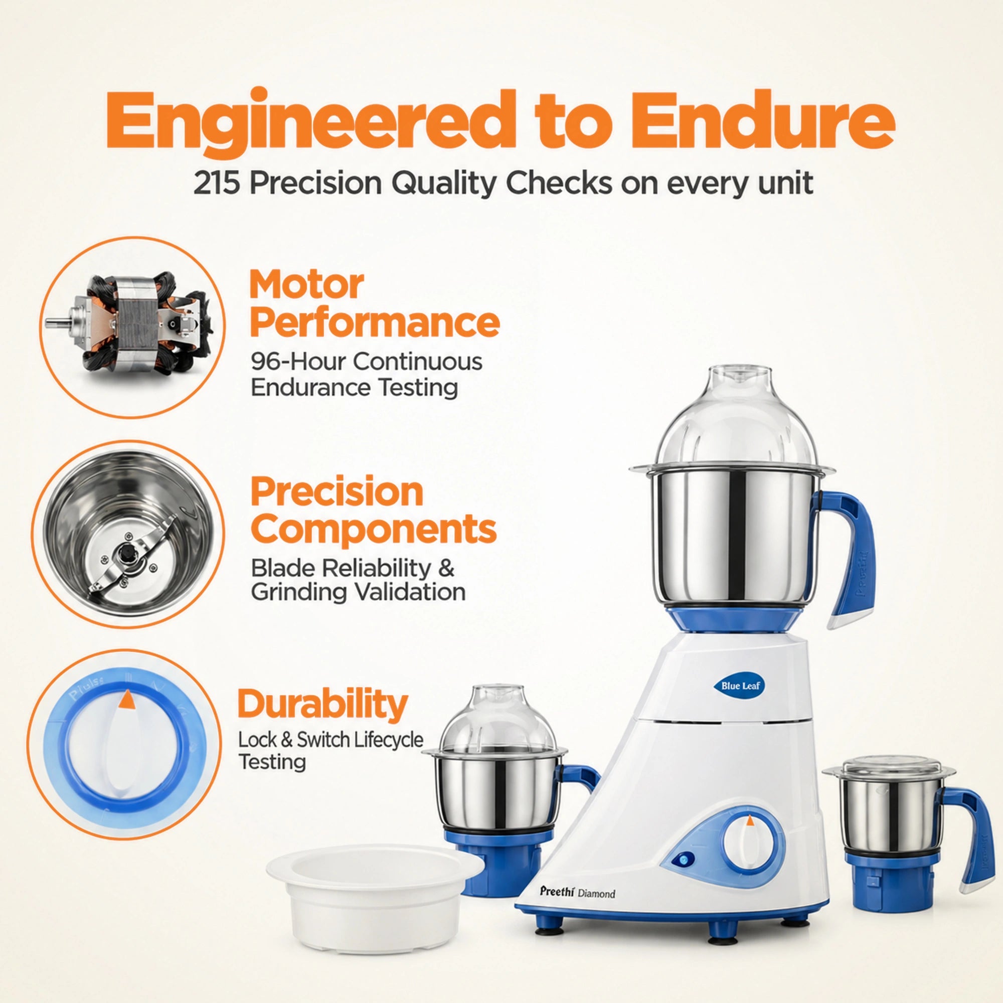 Preethi Blue Leaf Diamond 750W Mixer Grinder | 3 Jars