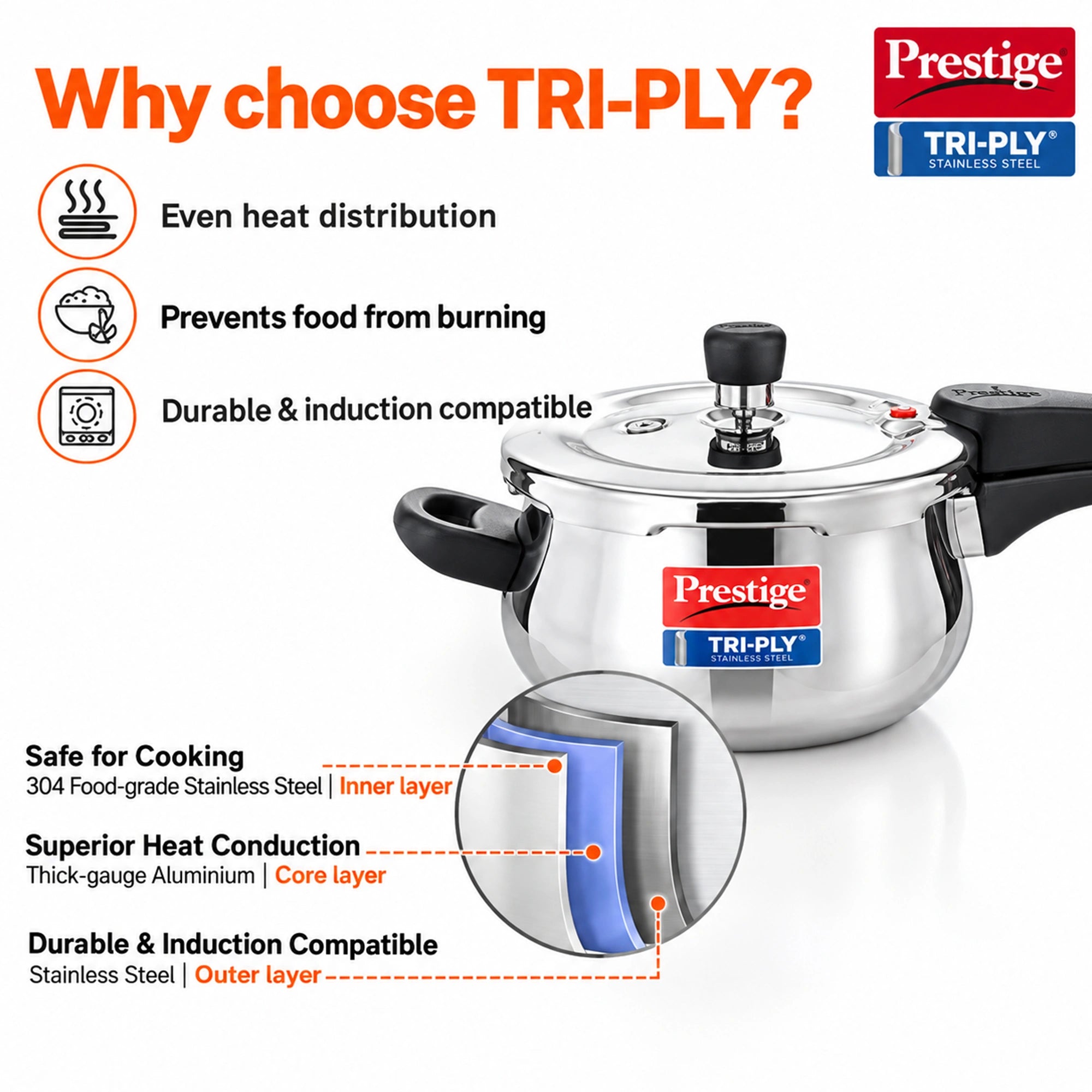 Prestige Svachh Tri-Ply Handi Pressure Cooker 3L | Buy Online