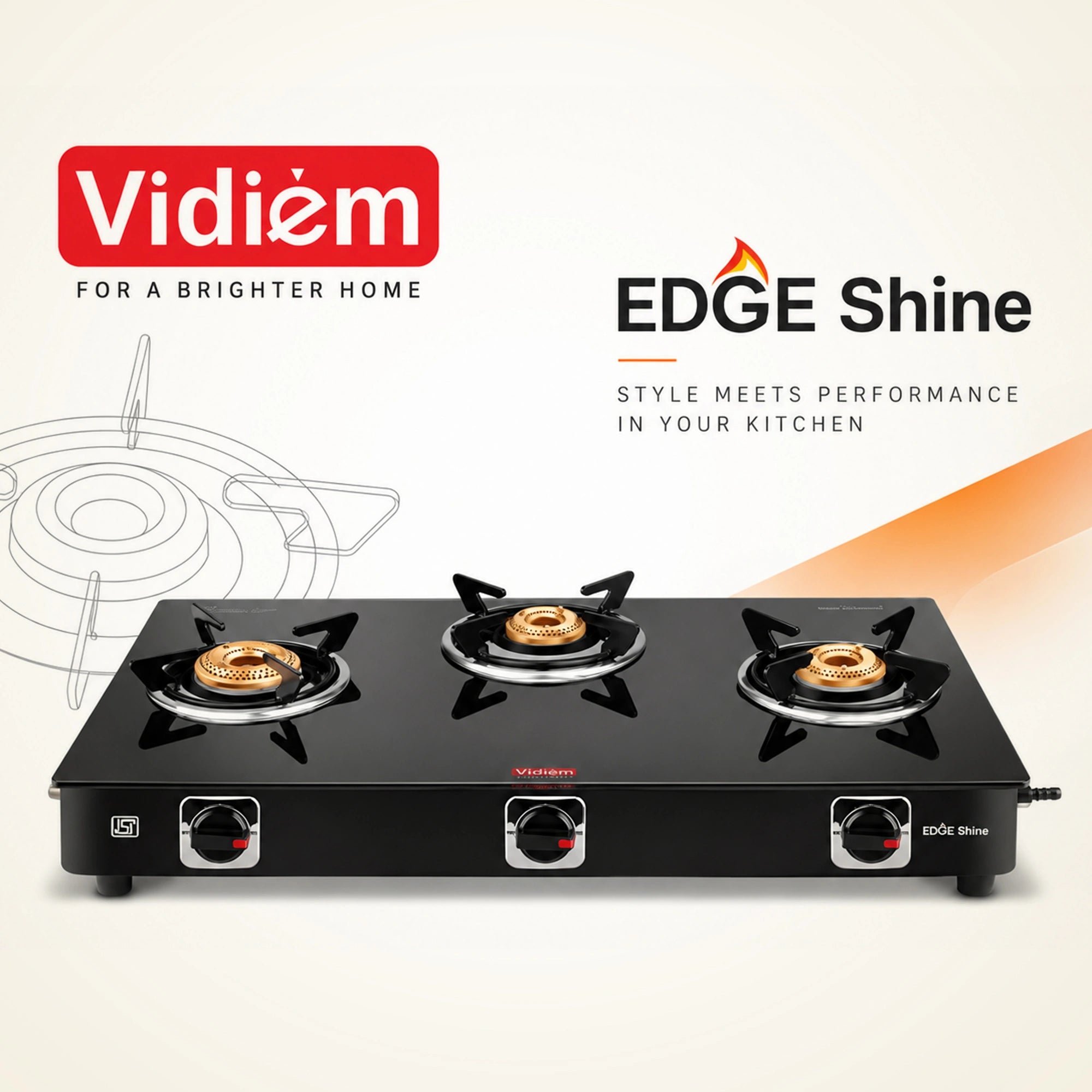 Vidiem Edge Shine 3 Burner Gas Stove | Eswaran Appliances